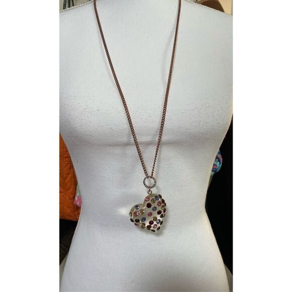 Betsey Johnson Lucite Crystal Puffed Heart Pendant Necklace 34" Valentines Gift - Picture 1 of 8